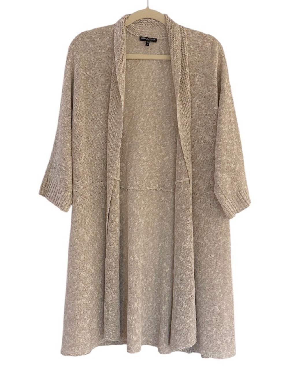 Eileen Fisher Woman Cardigan Sweater Size 1X Beige Linen Blend Long Lightweight